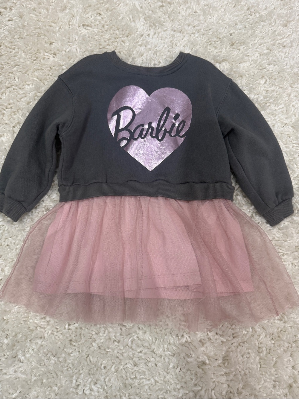 Zara Barbie Girls' Gray Sweatshirt Dress with Pink Tulle Skirt Size 2-3 Year